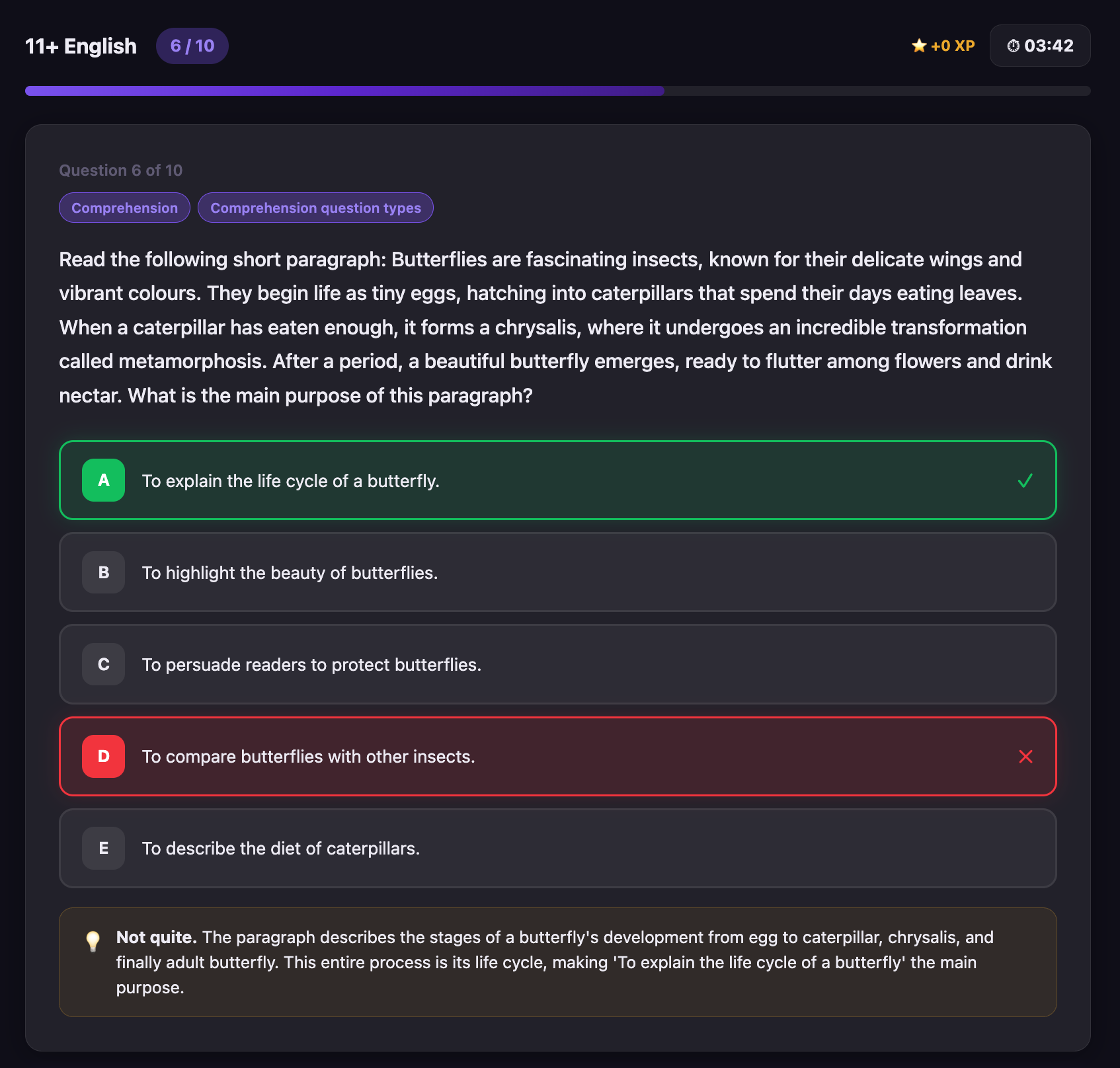 11 plus English practice test in progress with instant feedback