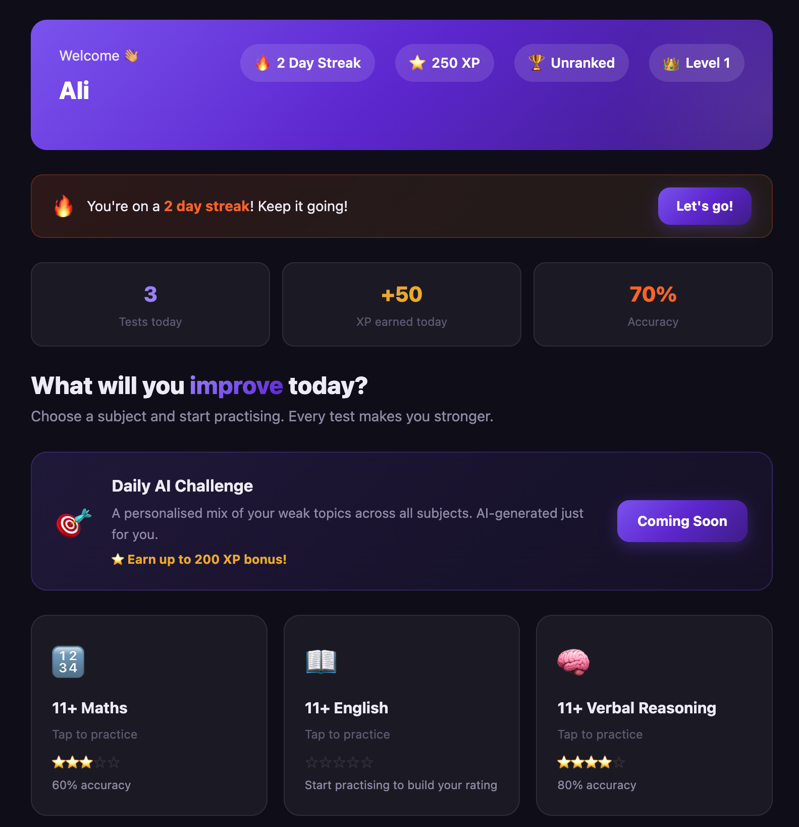 10MinuteTest.AI Dashboard — personalised home screen with streak tracking, XP progress, and subject cards