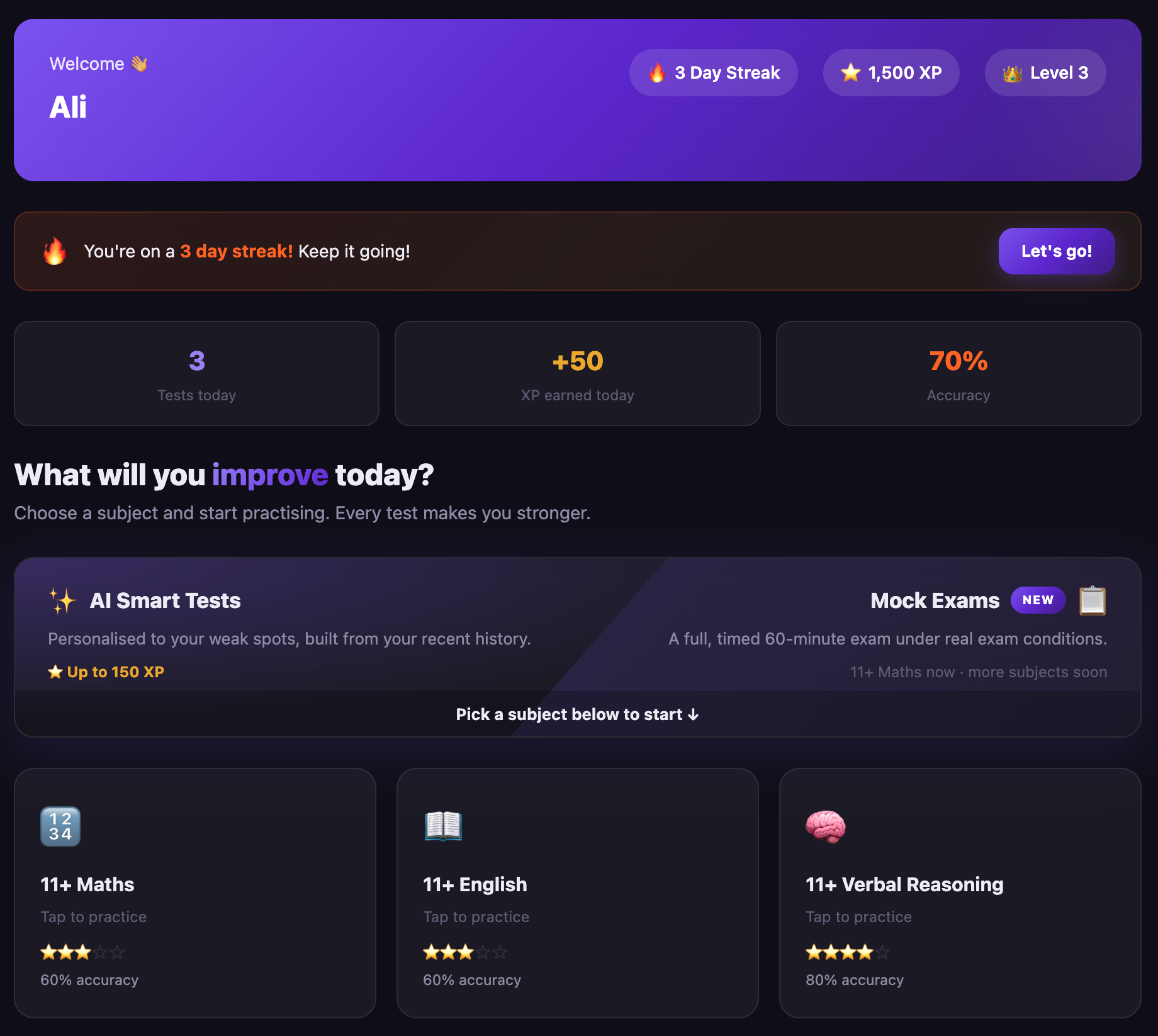 10MinuteTest.AI Dashboard — personalised home screen with streak tracking, XP progress, and subject cards