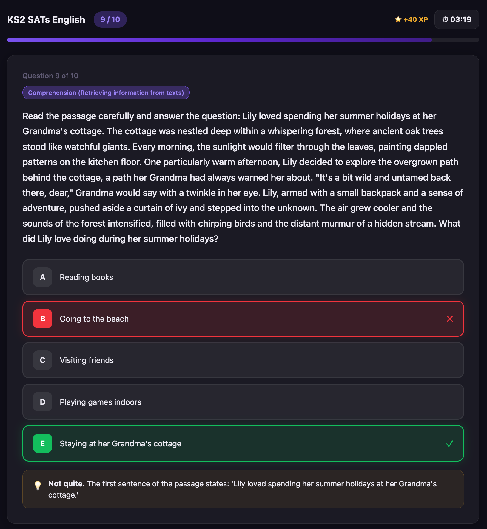 KS2 SATs English reading comprehension practice test with instant feedback for Year 6