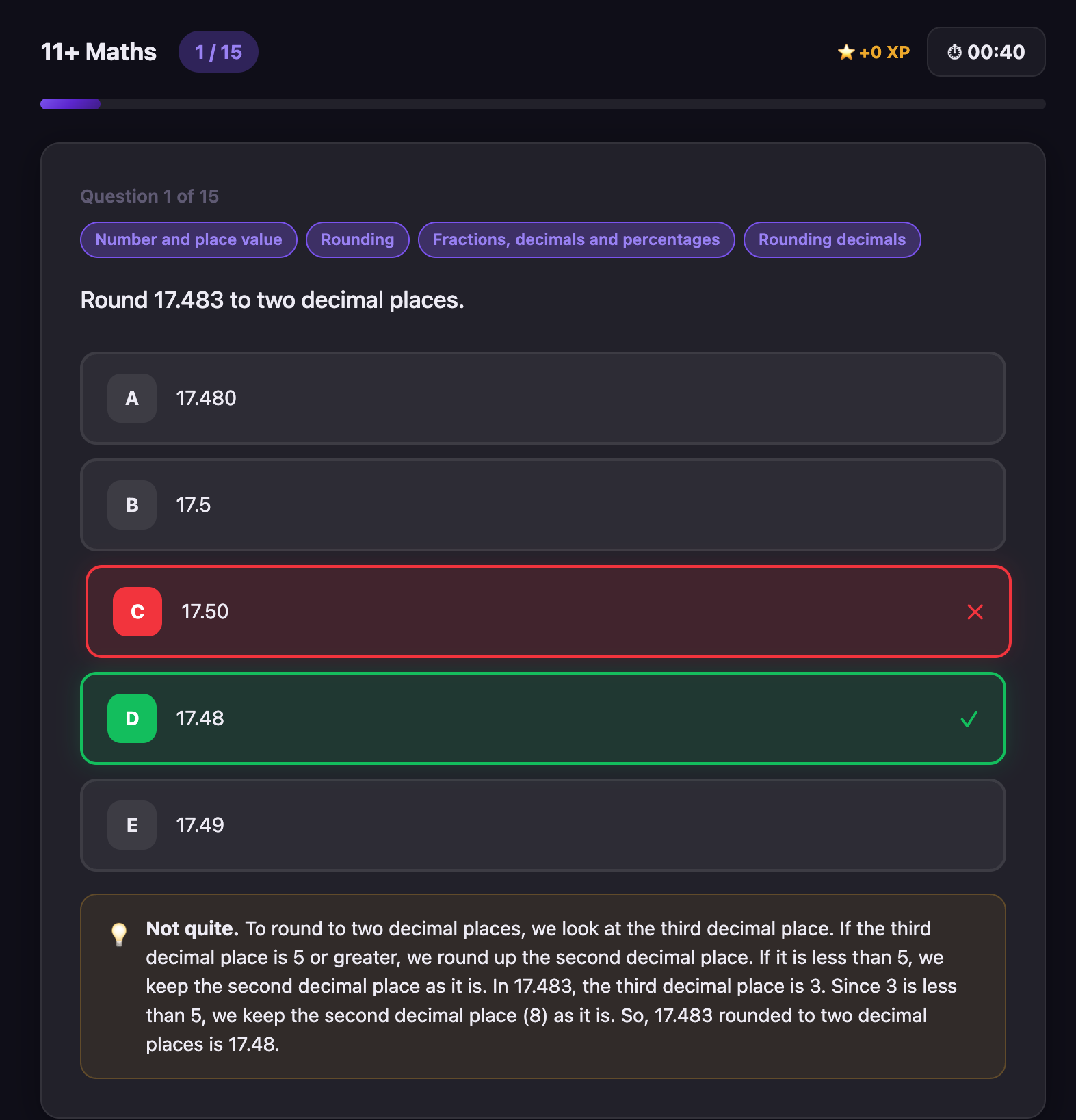 11+ Maths practice test in progress with instant feedback and step-by-step explanation for each question